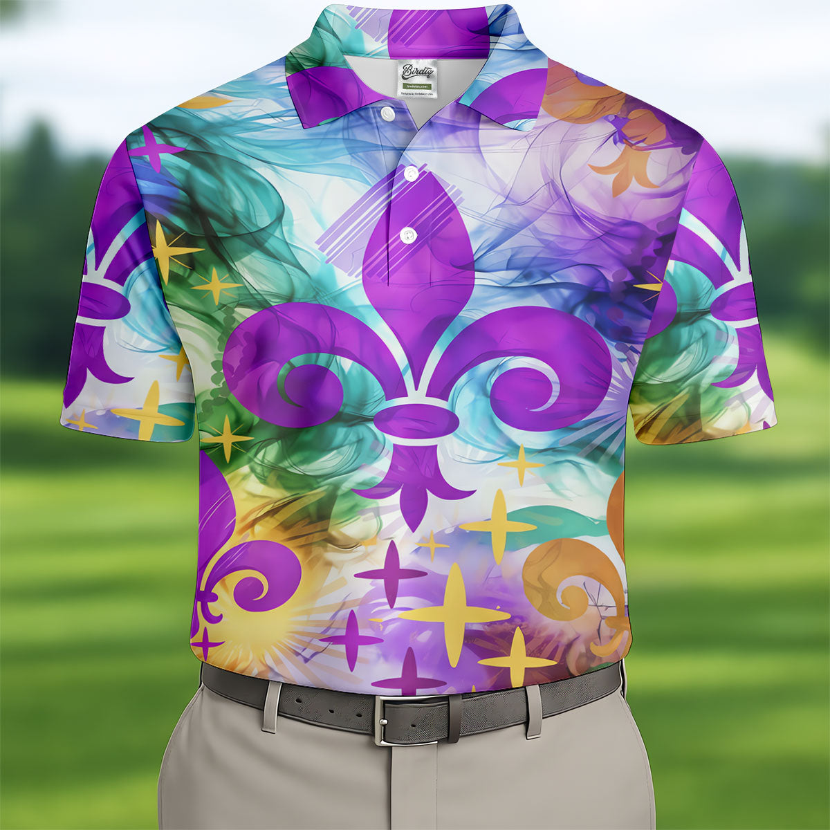 Mardi Gras Festival Fleur De Lis Symbol Purple Green Gold Polo Shirts For Men, Golf Shirts For Men