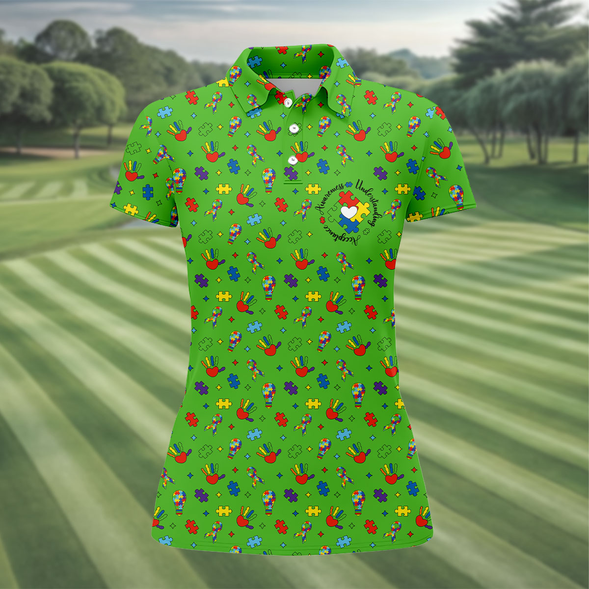 Awareness Understanding Acceptance Autism Ribbon Green Golf Shirt, Autism Awareness Colors Women's Golf Tops