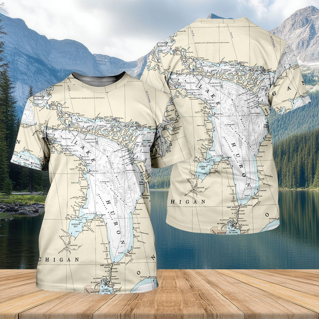 Vintage Lake Huron Map UPF Shirt, Long Sleeve Fishing Shirt For Men, Fishing Sun Shirt
