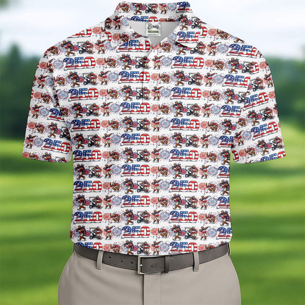 Funny Bigfoot Golf Pose Patriotic 4th Of July White Golf Shirt, 250 Years Golf Shirts For Men