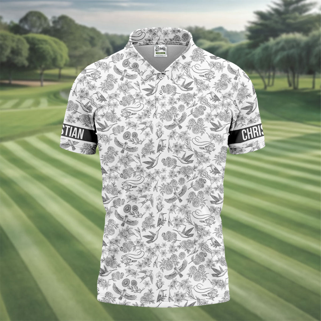 Custom Name Toile de Jouy Birds And Flowers Grey And White Polo Shirts For Men, Golf Gift For Men
