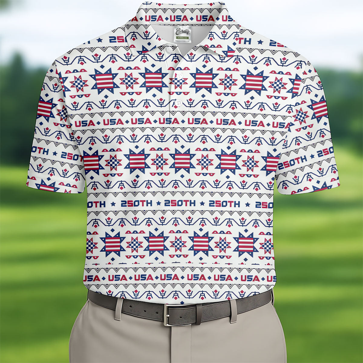 Red White Blue Ohio Star Quilt Pattern 4th Of July Golf Shirts For Men, 250th Anniversary Patriotic Golf Shirt