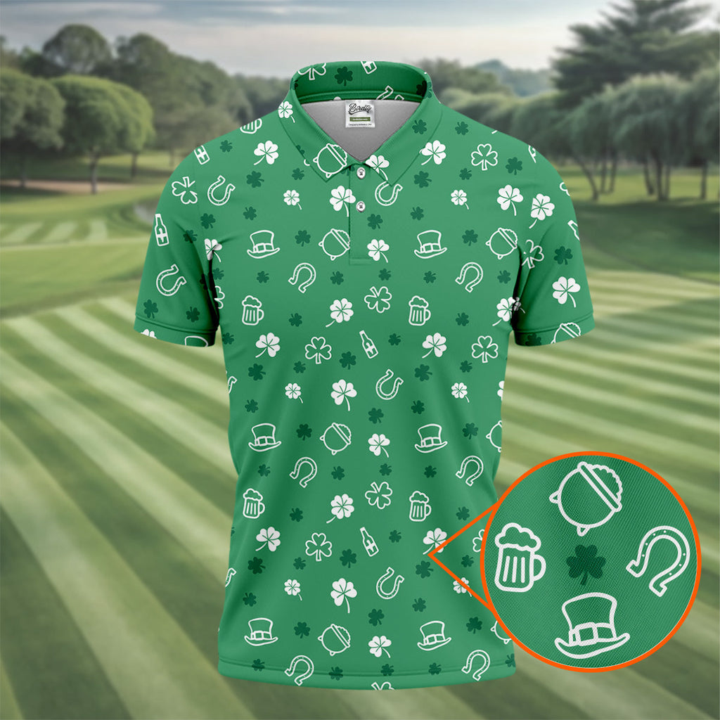 Leprechaun Hat Shamrock Beer Seamless Pattern St. Patrick’s Day Golf Shirt, Polo Shirts For Men, Golf Shirts For Men