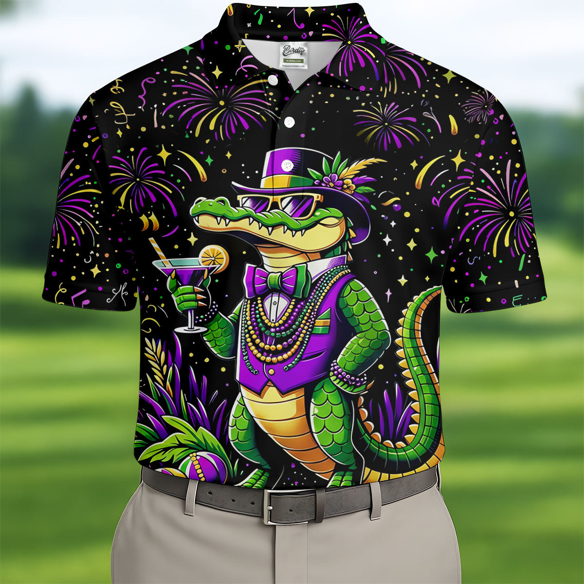 Mardi Gras Aligator Purple Green Gold Confetti Star Golf Tops For Men, Polo Shirts For Men, Golf Shirts For Men