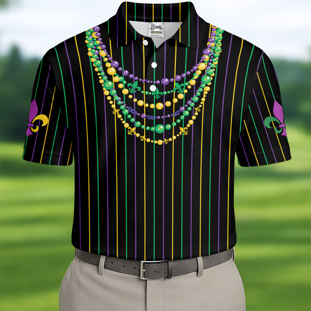 Mardi Gras Beads Necklaces Print Black Golf Shirt, Golf Tops For Men, Polo Shirts For Men, Golf Shirts For Men