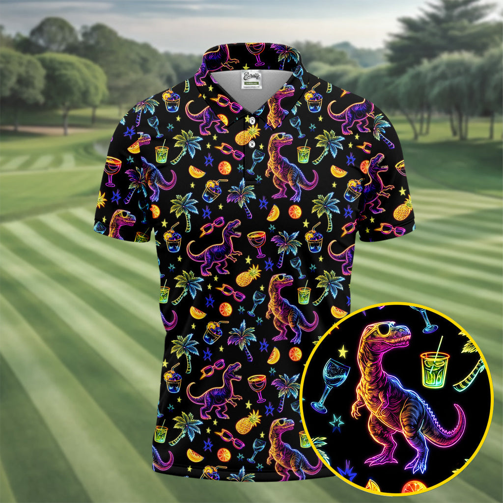 Neon Dinosaur Tropical Theme Hawaiian Golf Shirt, Polo Shirts For Men, Golfing Apparel