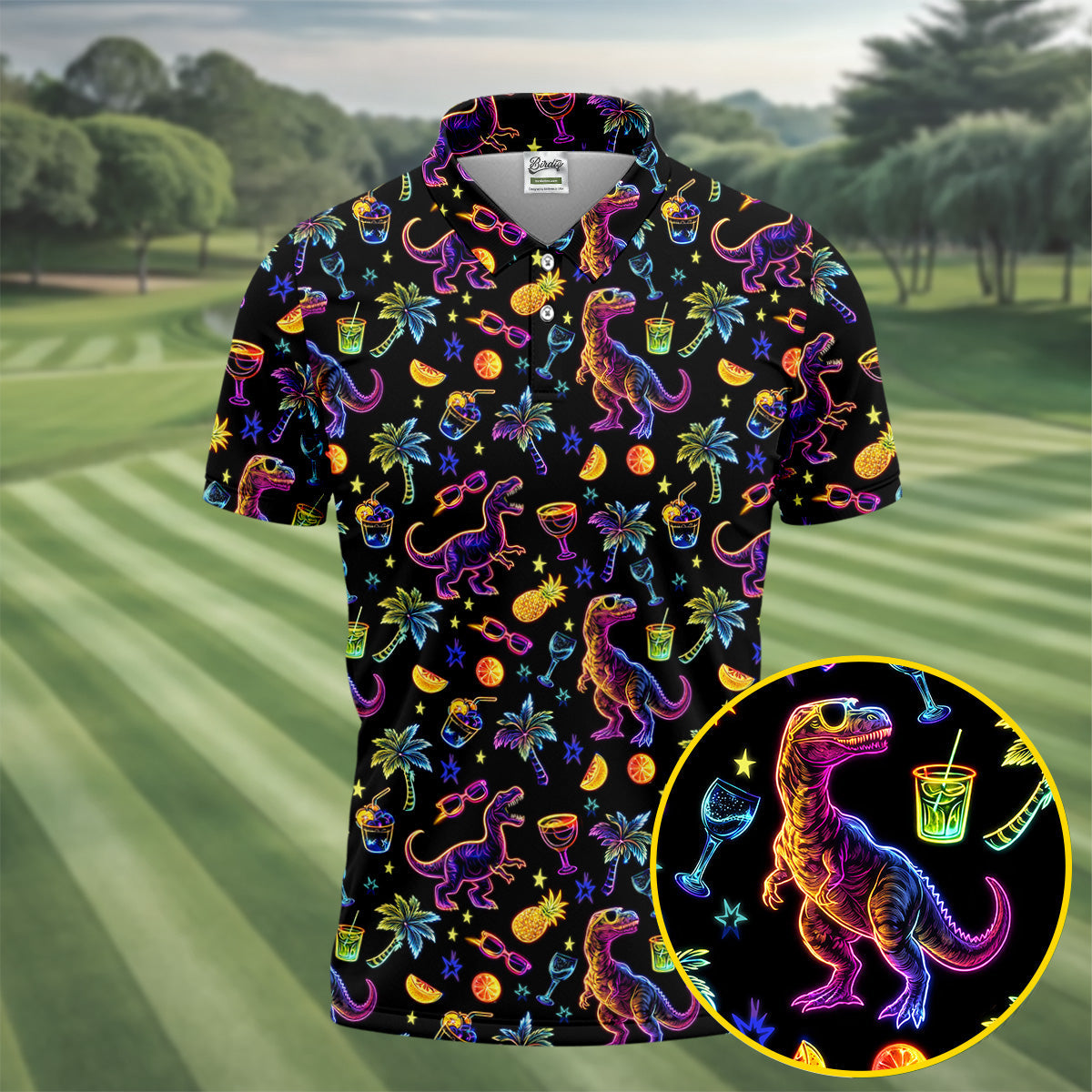 Neon Dinosaur Tropical Theme Hawaiian Golf Shirt, Polo Shirts For Men, Golfing Apparel