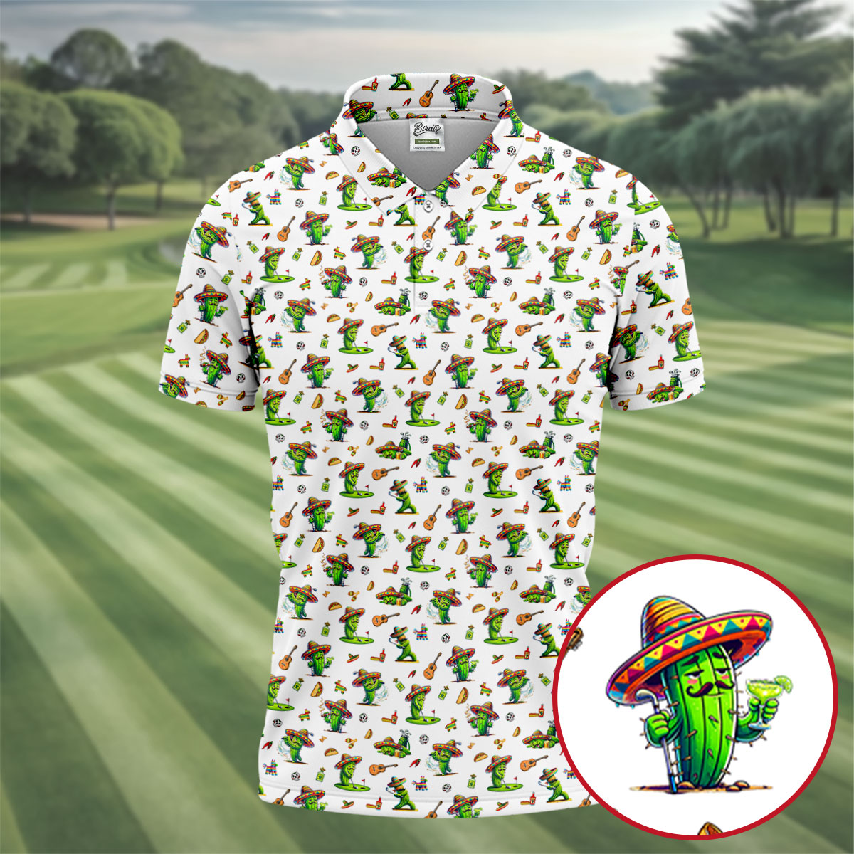 Cartoon Mustach Funny Cactus Cinco De Mayo Celebration Fiesta Themed White Golf Shirts For Men