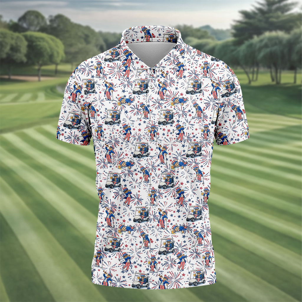 Patriotic Theme Golf And Beer Funny 4th Of July Golf Shirt, 250 Years Seamless Pattern Golf Shirts For Men