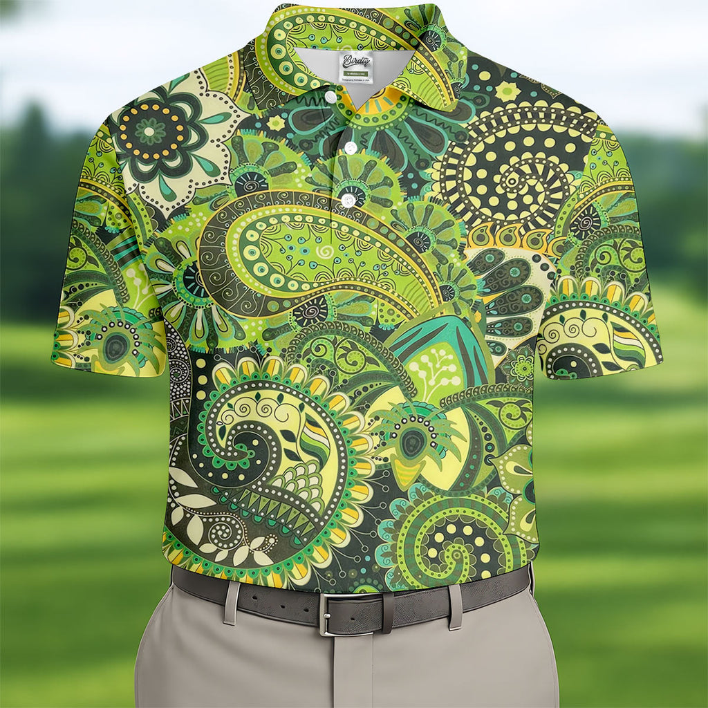 Paisley Print Green Golf Shirt, Golf Tops For Men, Polo Shirts For Men, Golf Shirts For Men