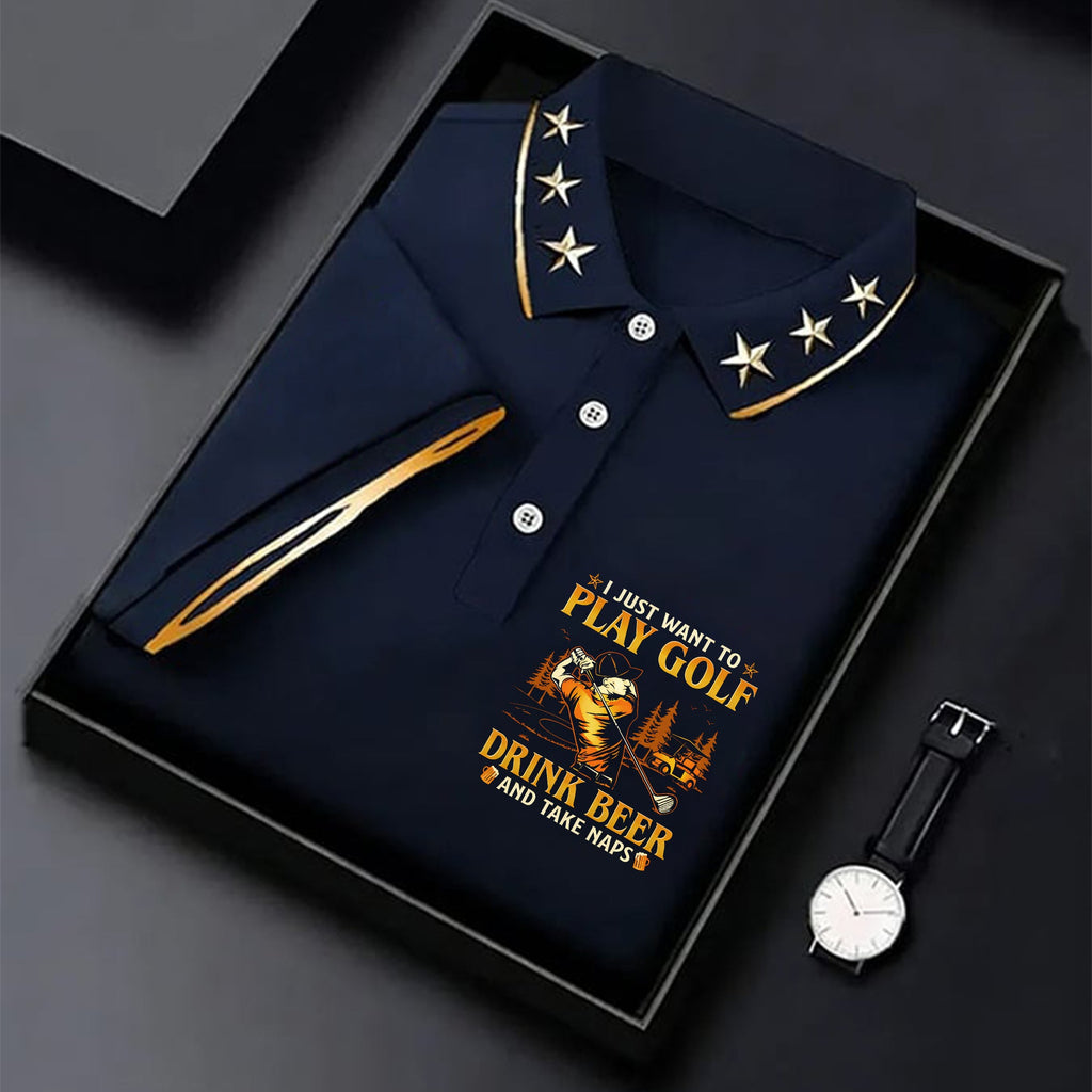 I Just Want To Play Golf Drink Beer And Take Naps Navy Golf Shirt, Men's Funny Golf Shirts