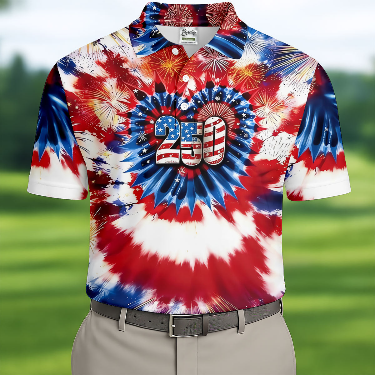 250 Years Red White Blue Tie Dye Print Patriotic Golf Shirt, 4th Of July Golf Shirts For Men