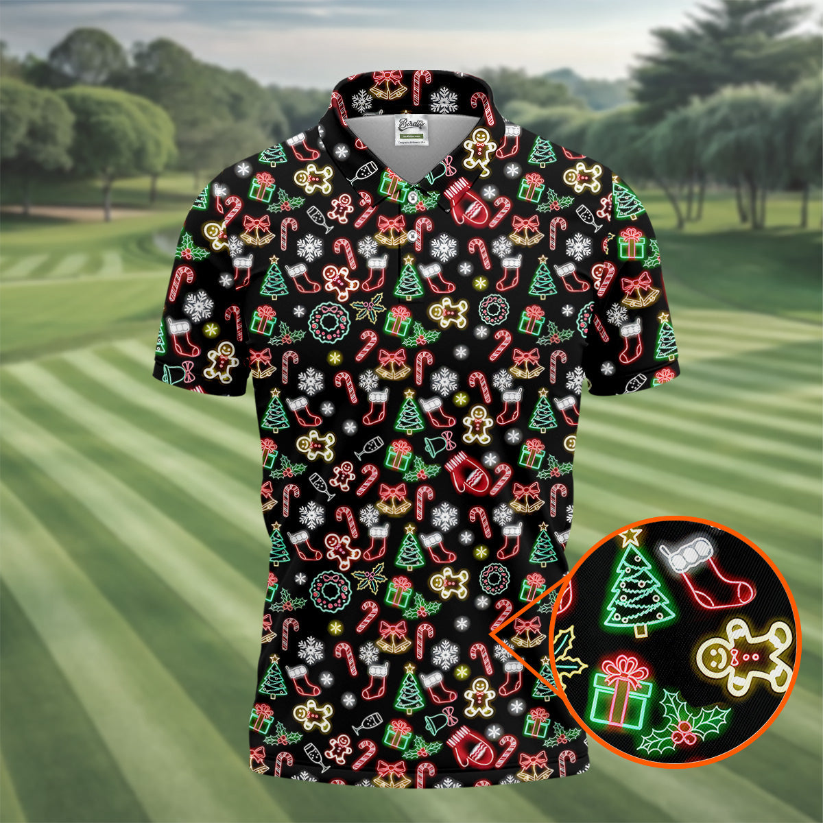 Neon Christmas Pattern Black Golf Polo Shirt, Fun Men's Golf Polos, Christmas Golf Gift, Golfing Apparel