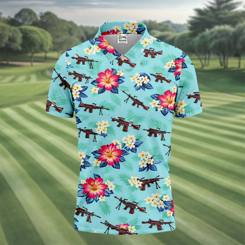 Floral Pattern Army Theme Hawaiian Golf Shirt, Men's Golf Polo Shirts, Golf Shirts For Men