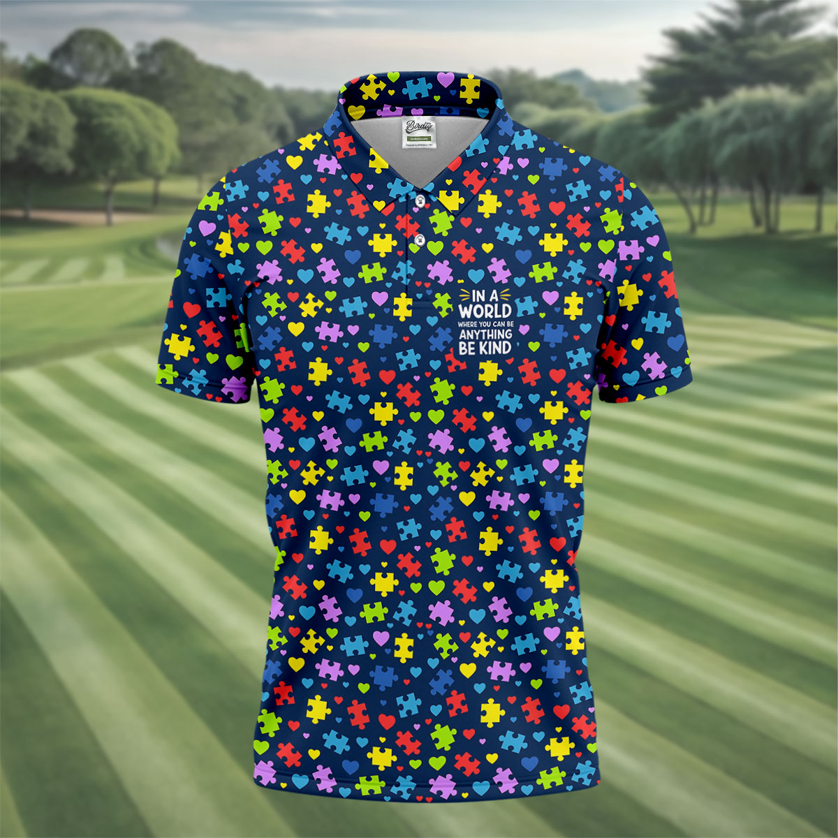 In A World Where You Can Be Anything Be Kind Autism Awareness Puzzle Pattern Navy Golf Shirt, Polo ShirtFor Men