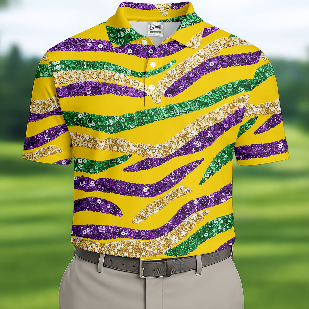 Purple Green Gold Sequin Pattern Yellow Golf Shirt, Mardi Gras Golf Shirt, Polo Shirts For Men