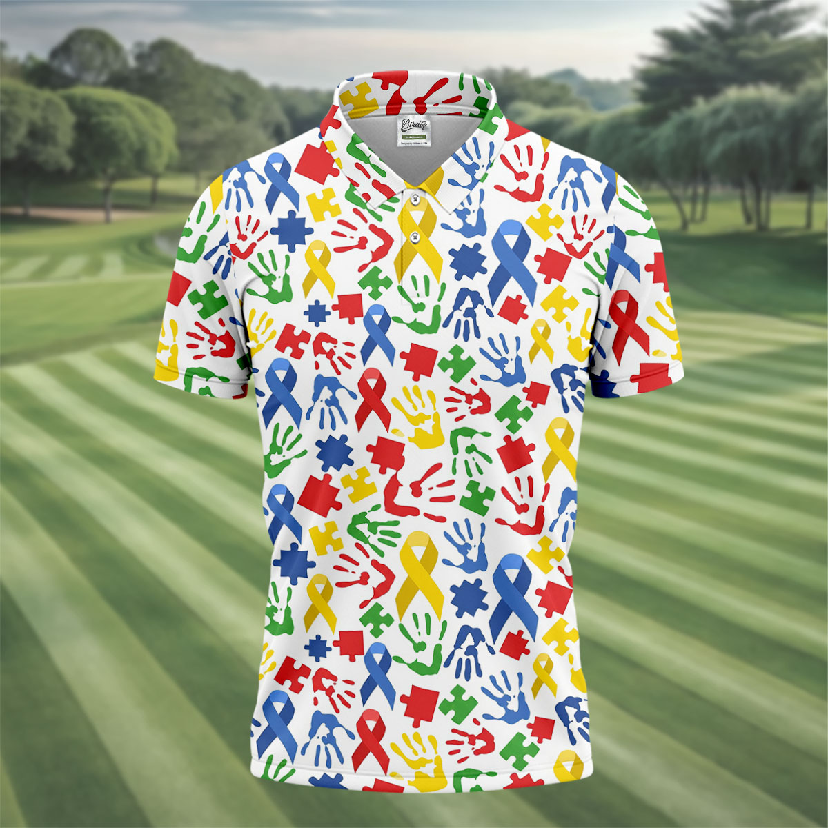 Autism Ribbon Colorful Puzzle Pieces Handprints Golf Tops For Men, Polo Shirts For Men, Golf Shirts For Men