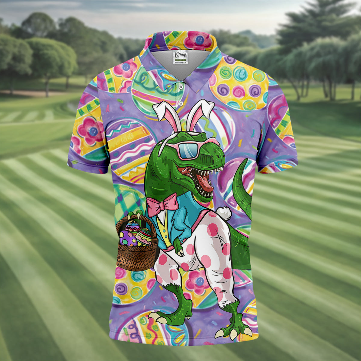 T-Rex Bunny Painted Easter Eggs Golf Shirts For Men, Men's Funny Golf Shirts, Polo Shirts For Men