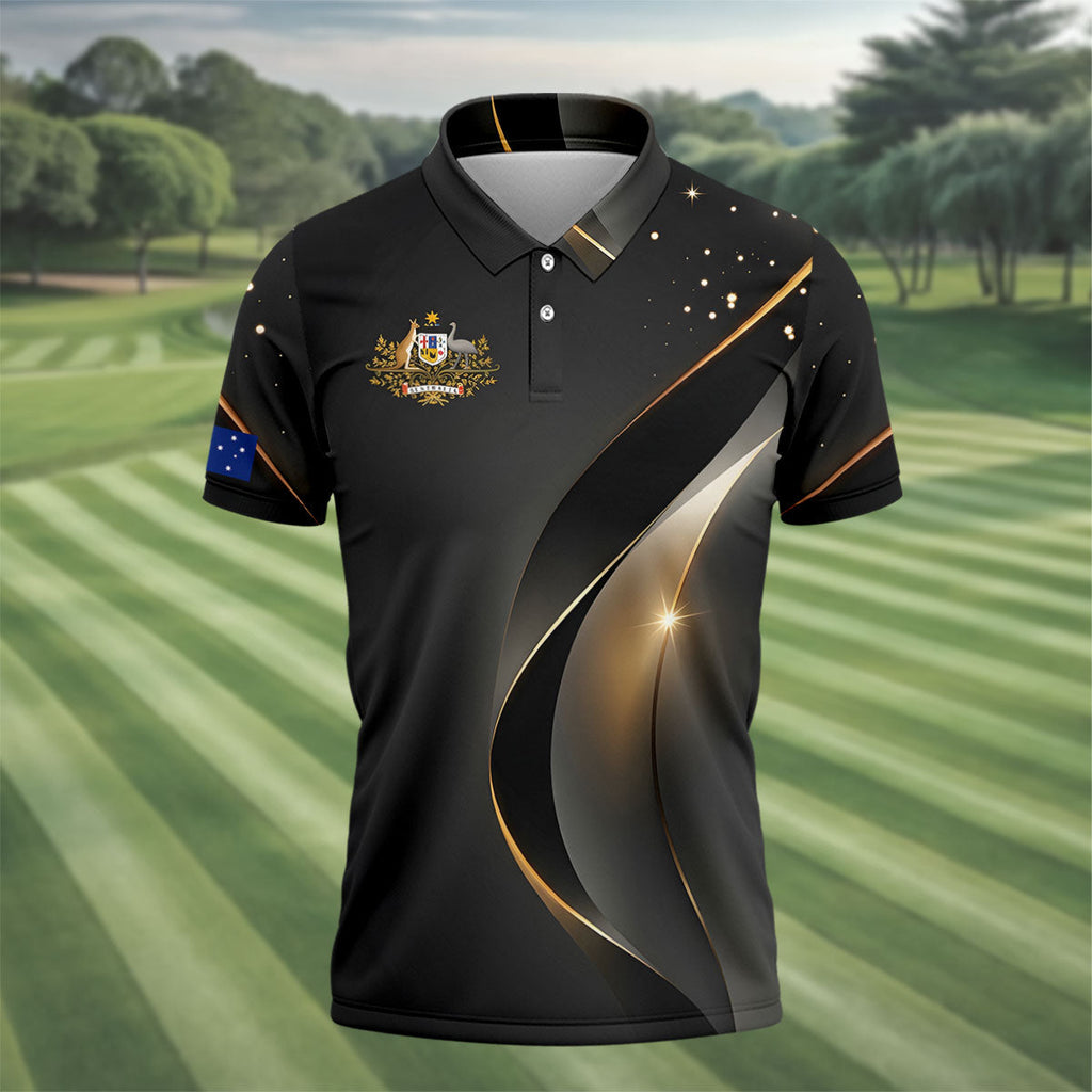 Australian Coat Of Arms Black And Gold Gradient Golf Tops For Men, Polo ShirtFor Men