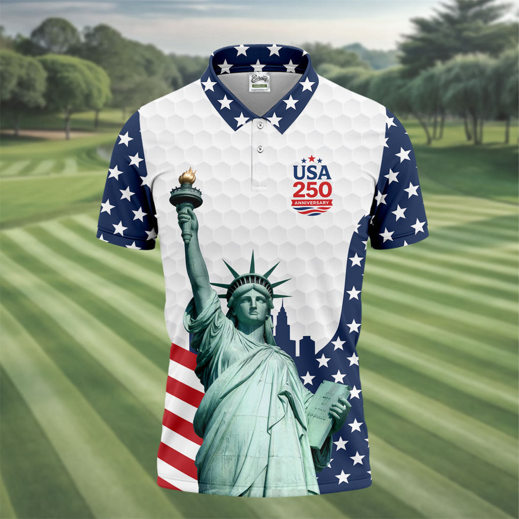 USA 250 Anniversary Statue Of Liberty White Golf Shirt, Patriotic Golf Shirt, 4th Of July Golf Shirts For Men