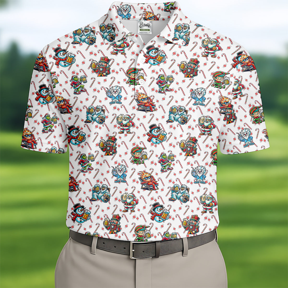 Christmas Character Beer Candy Cane Pattern Golf Tops For Men, Christmas Golf Shirt, Polo Shirts For Men