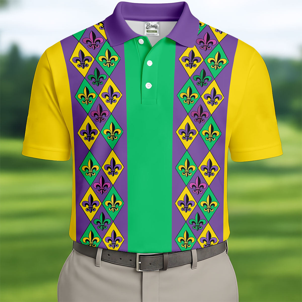 Purple Green Gold Fleur De Lis Argyle Pattern Mardi Gras Golf Shirt, Golf Shirts For Men, Polo Shirts For Men