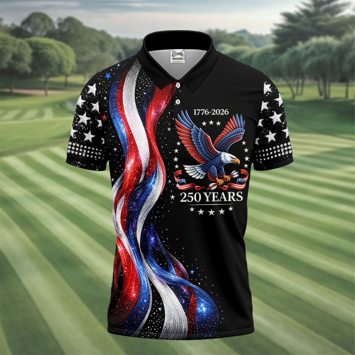 America Bald Eagle Red And White Striped Ribbon 4th Of July Golf Shirt, 250th Anniversary Golf Shirts For Men