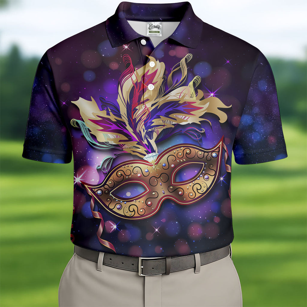Mardi Gras Mask Feather Ribbon Purple Golf Shirt, Polo Shirts For Men, Golf Shirts For Men