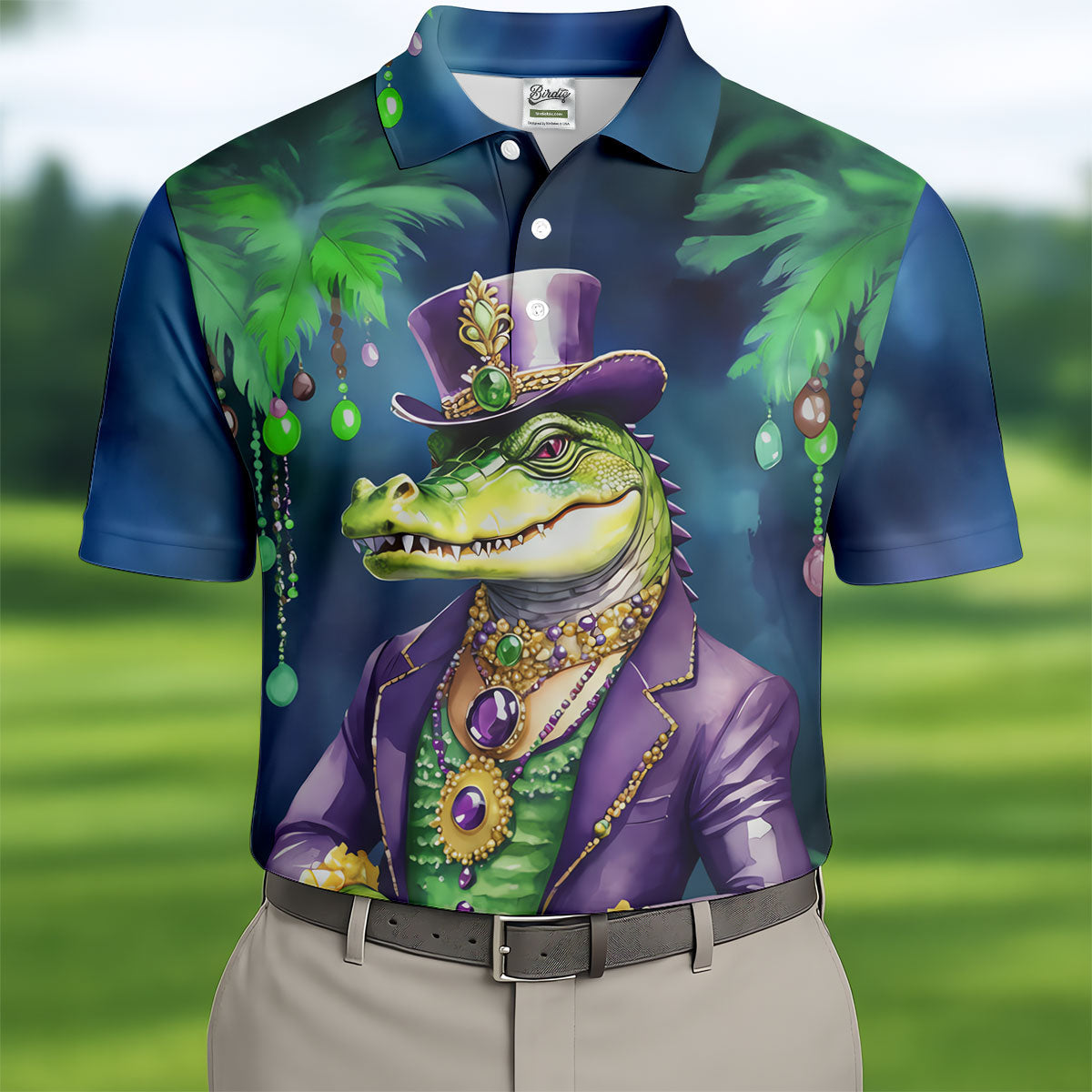 Mardi Gras Alligator Navy Golf Shirt, Men's Funny Golf Shirts, Polo Shirts For Men, Golf Shirts For Men
