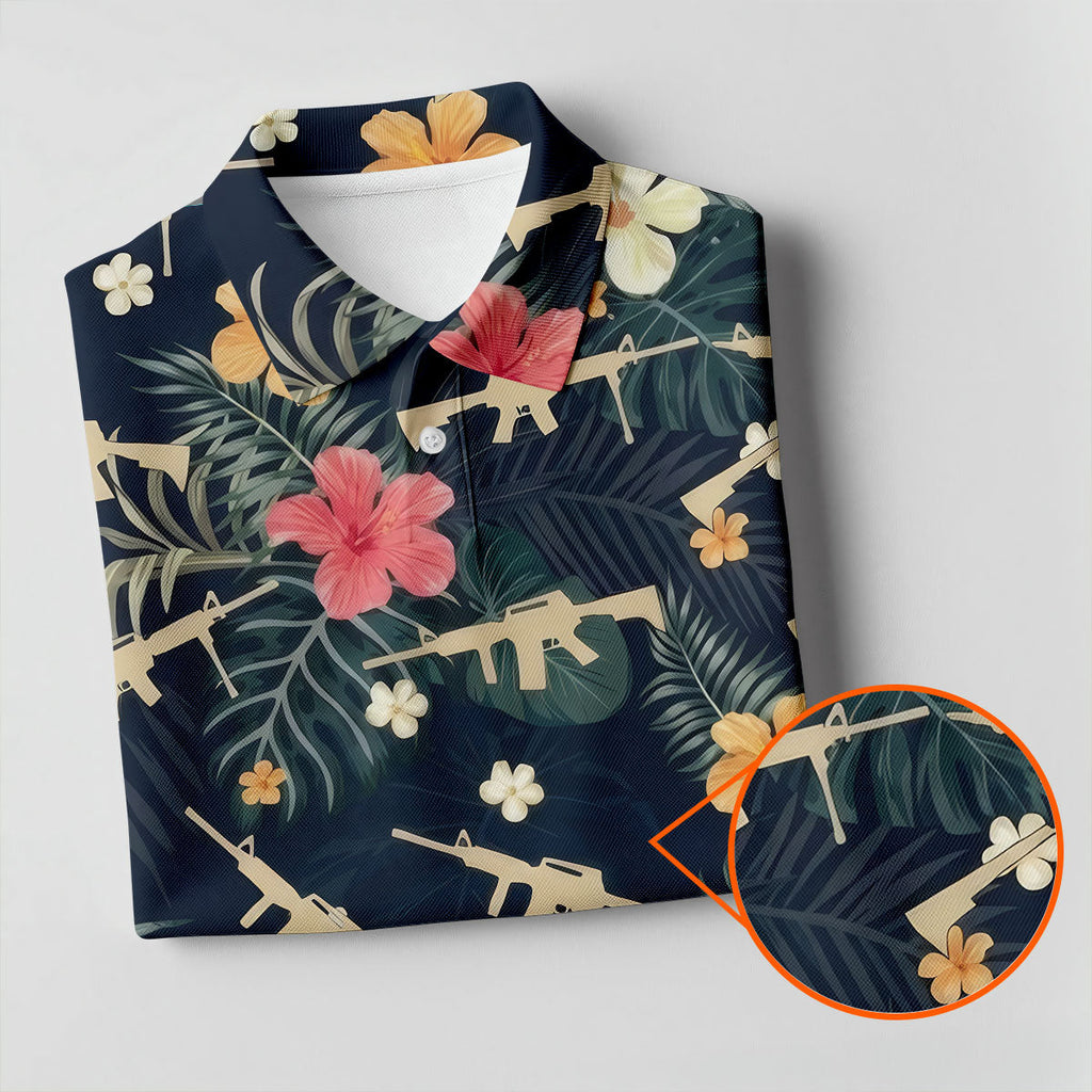 Colorful Hibiscus With Army Theme Golf Shirts For Men, Polo Shirts For Men, Golfing Apparel
