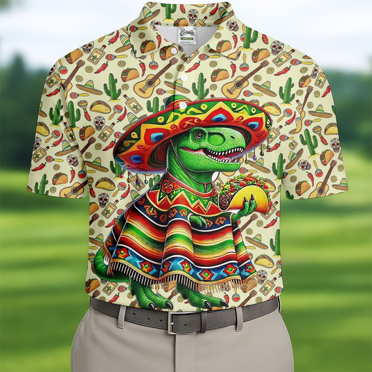 Dinosaur Taco Fiesta Time Golf Tops For Men, Cinco De Mayo Celebration Golf Shirts For Men