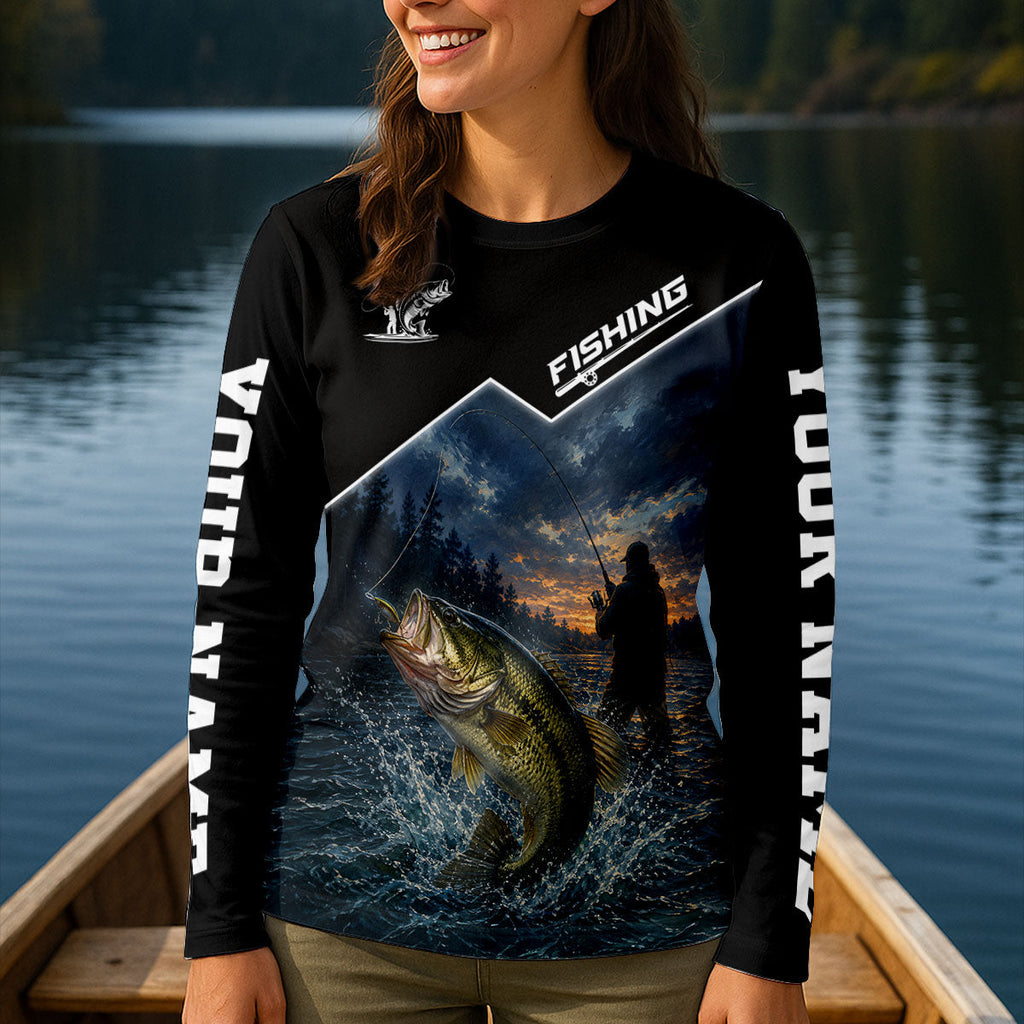 Custom Bass Fishing Lake Sunset UPF Shirt, Performance Fishing Shirt, Fishing Shirts For Women