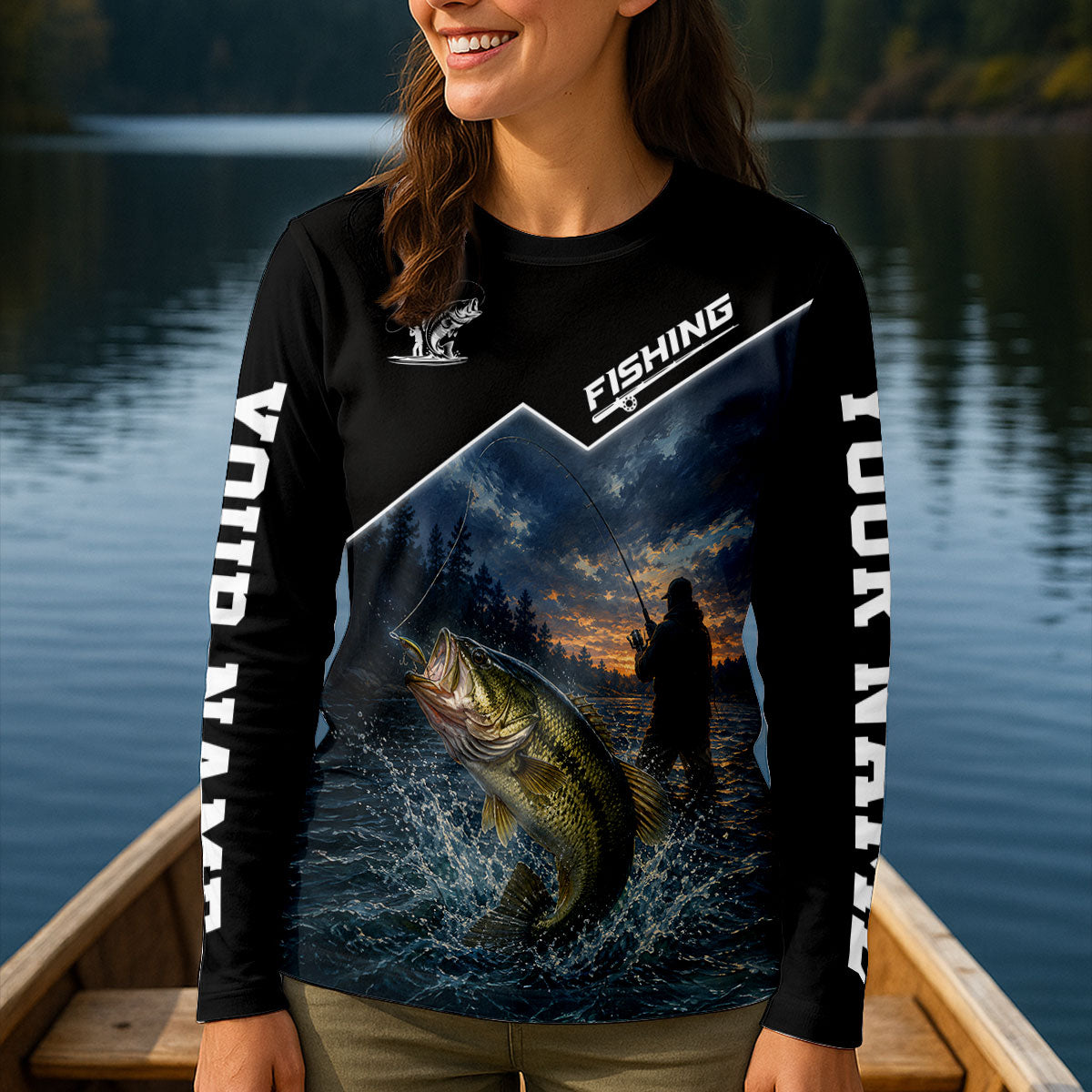 Custom Bass Fishing Lake Sunset UPF Shirt, Performance Fishing Shirt, Fishing Shirts For Women