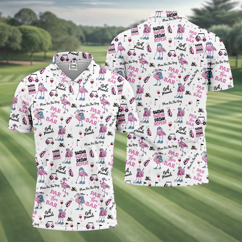 Par Then Bar Flamingo Funny Men Polo ShirtFun Golf Polos For Men, Golf Shirts, Dad Golf Gift