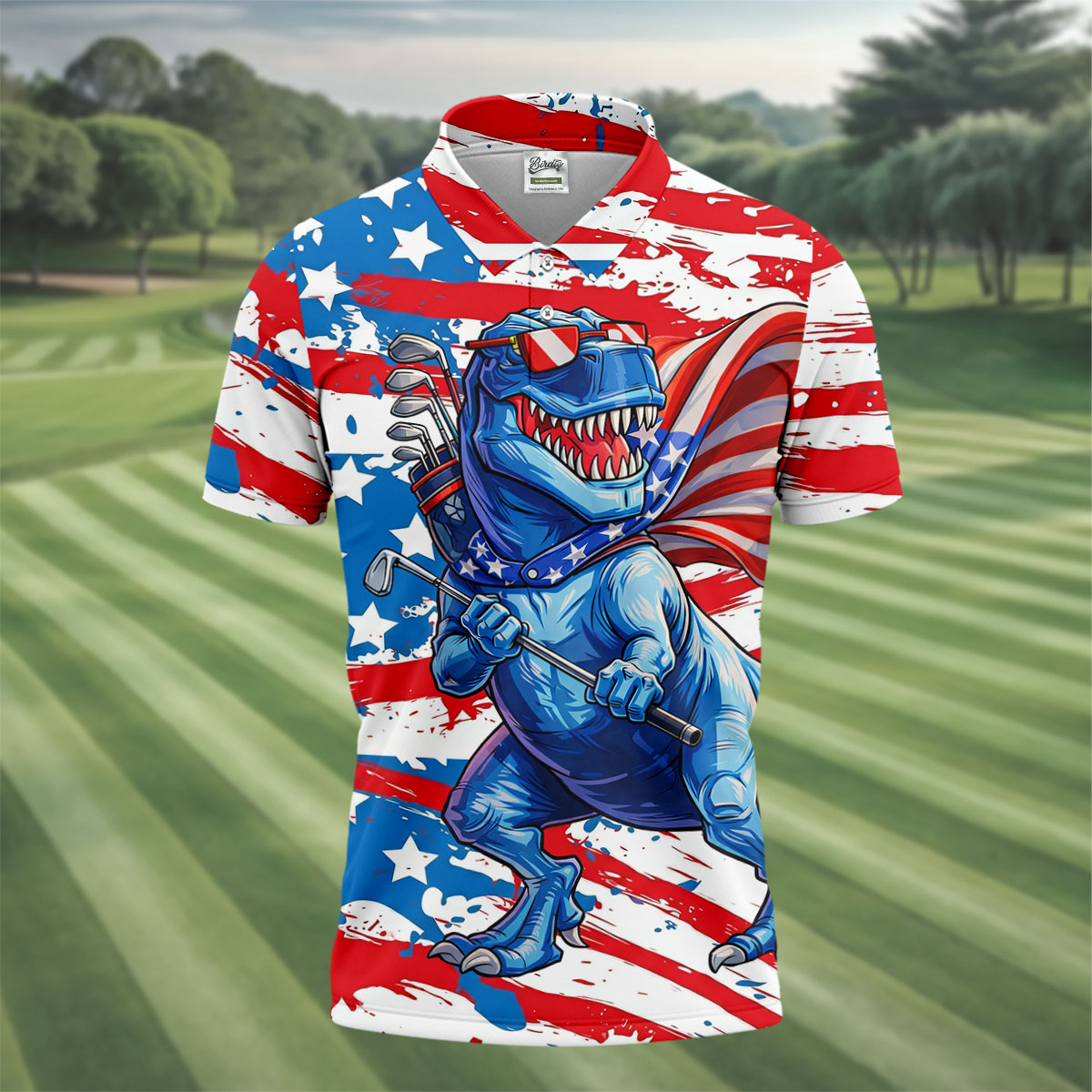 Funny Dinosaur USA Flag Print 250 Years Anniversary Golf Tops For Men, 4th Of July Patriotic Golf Shirt