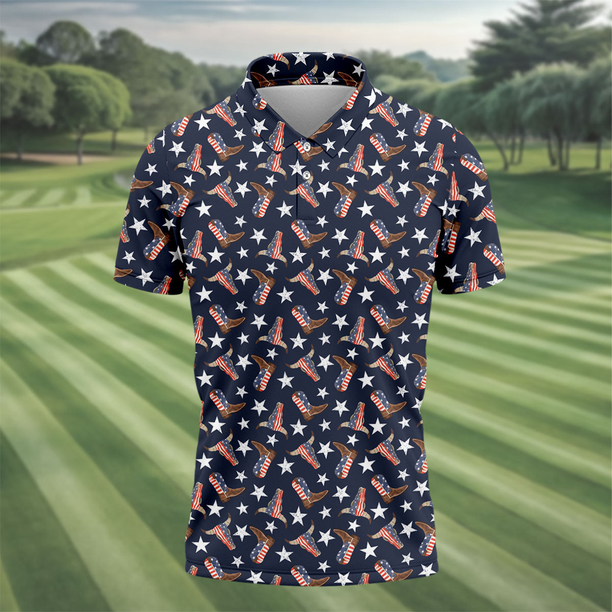 Patriotic Cowboy Boots Stars Pattern 4th Of July Golf Shirt, 250th Anniversary Golf Shirts For Men