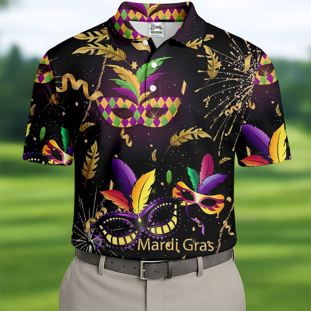 Gold Ribbons Mardi Gras Masquerade Mask Golf Tops For Men, Polo Shirts For Men, Golf Shirts For Men
