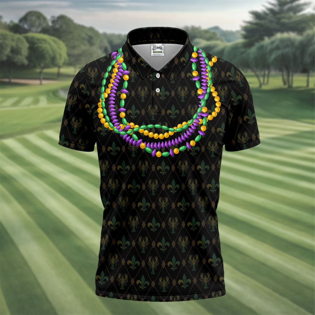 Mardi Gras Beads Chain Crawfish Fleur De Lis Black Golf Shirt, Polo Shirts For Men, Golf Shirts For Men