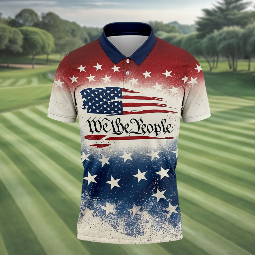 We The People Star And Stripe Distressed Pattern Patriotic Golf Shirt, 250 Years 4th Of July Golf Shirts For Men