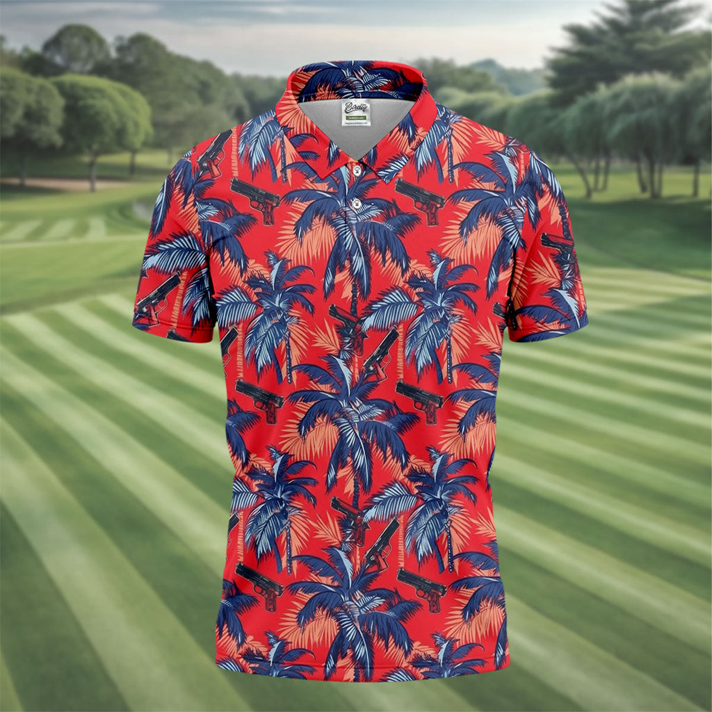Hawaiian Palm Tree Military Theme Red Golf Shirt, Golf Shirts For Men, Polo Shirts For Men