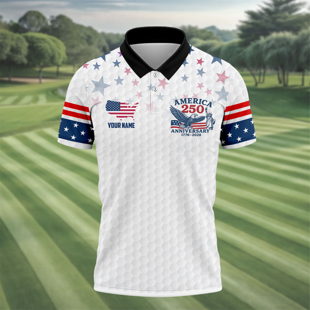 America 250th Anniversary Red White And Blue Stars White Golf Shirt, Patriotic 4th Of July Golf Shirts For Men
