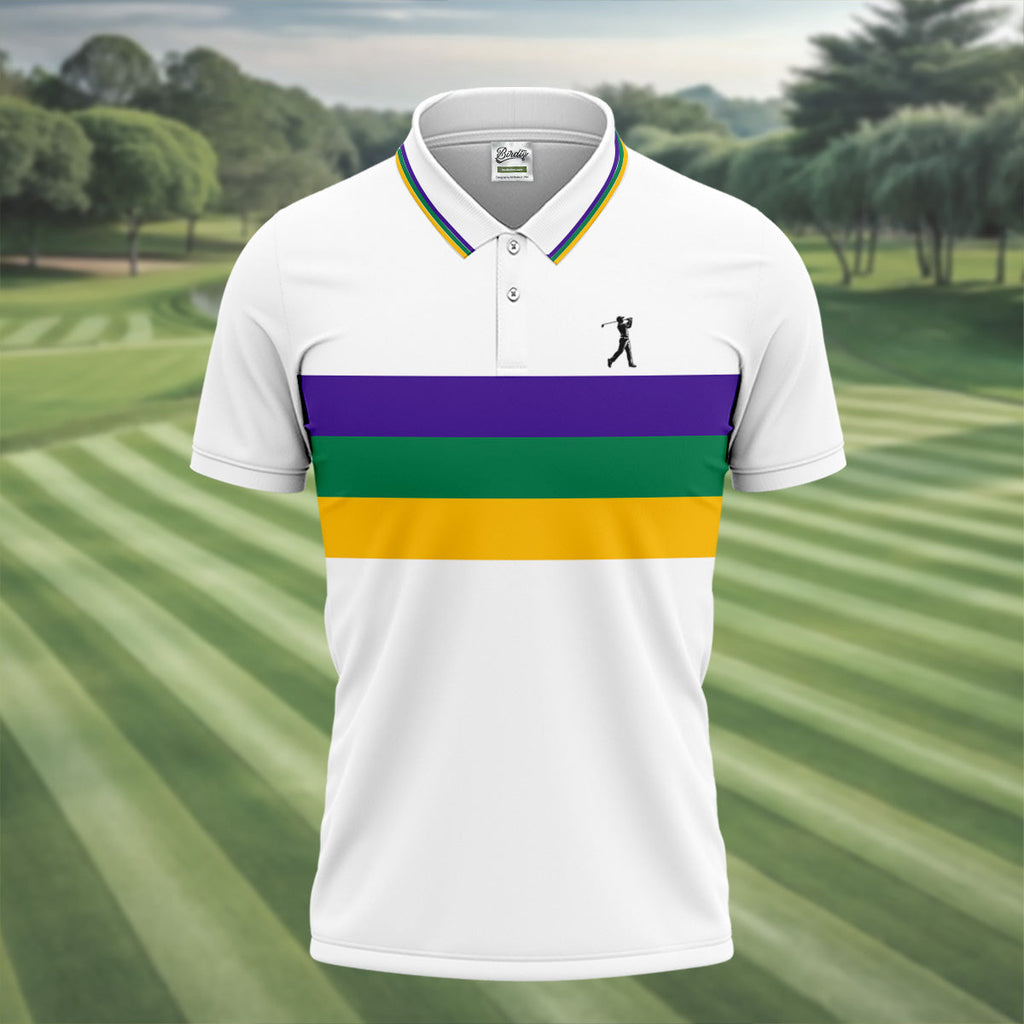 Mardi Gras Purple Green Gold Horizontal Stripes White Golf Shirt, Golf Tops For Men, Polo Shirts For Men