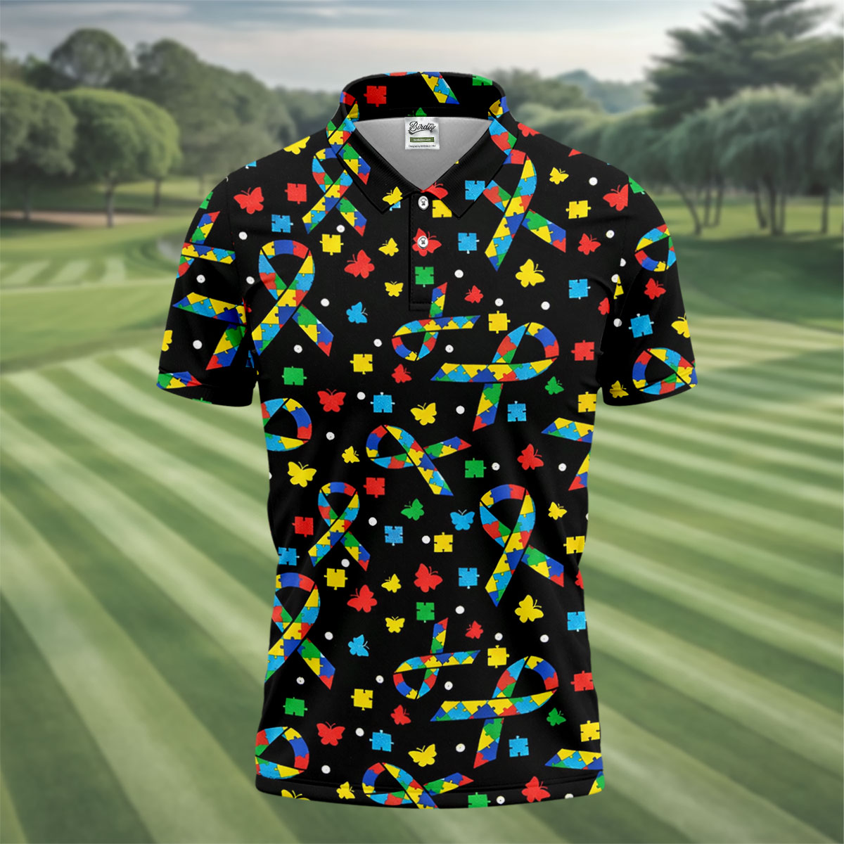 Autism Awareness Ribbon Colorful Butterflies Black Golf Shirt, Golf Tops For Men, Golf Shirts For Men