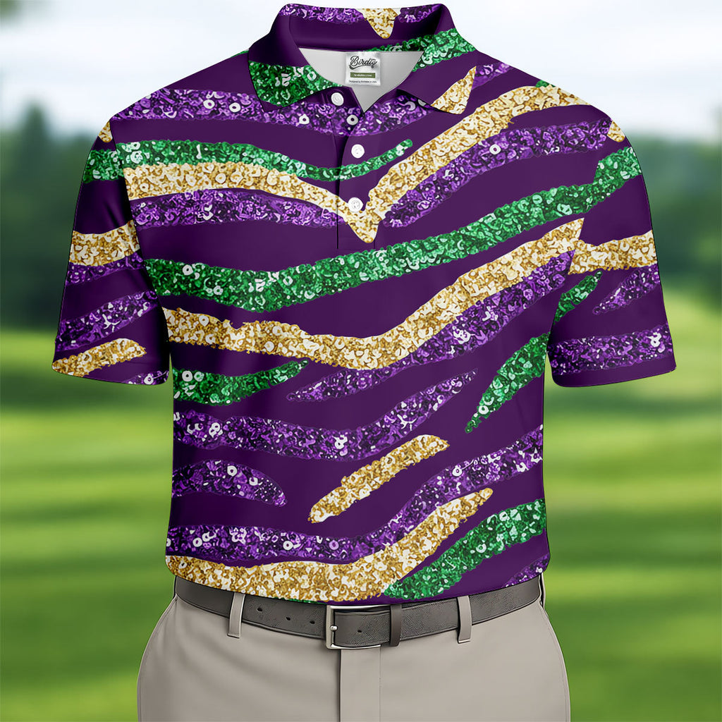 Purple Green Gold Sequin Pattern Purple Golf Shirt, Mardi Gras Golf Shirt, Polo Shirts For Men