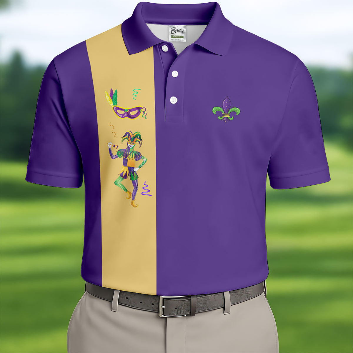 Mardi Gras Festival Jester Figure Fleur De Lis Symbol Purple Golf Shirt, Polo Shirts For Men, Golf Shirts For Men