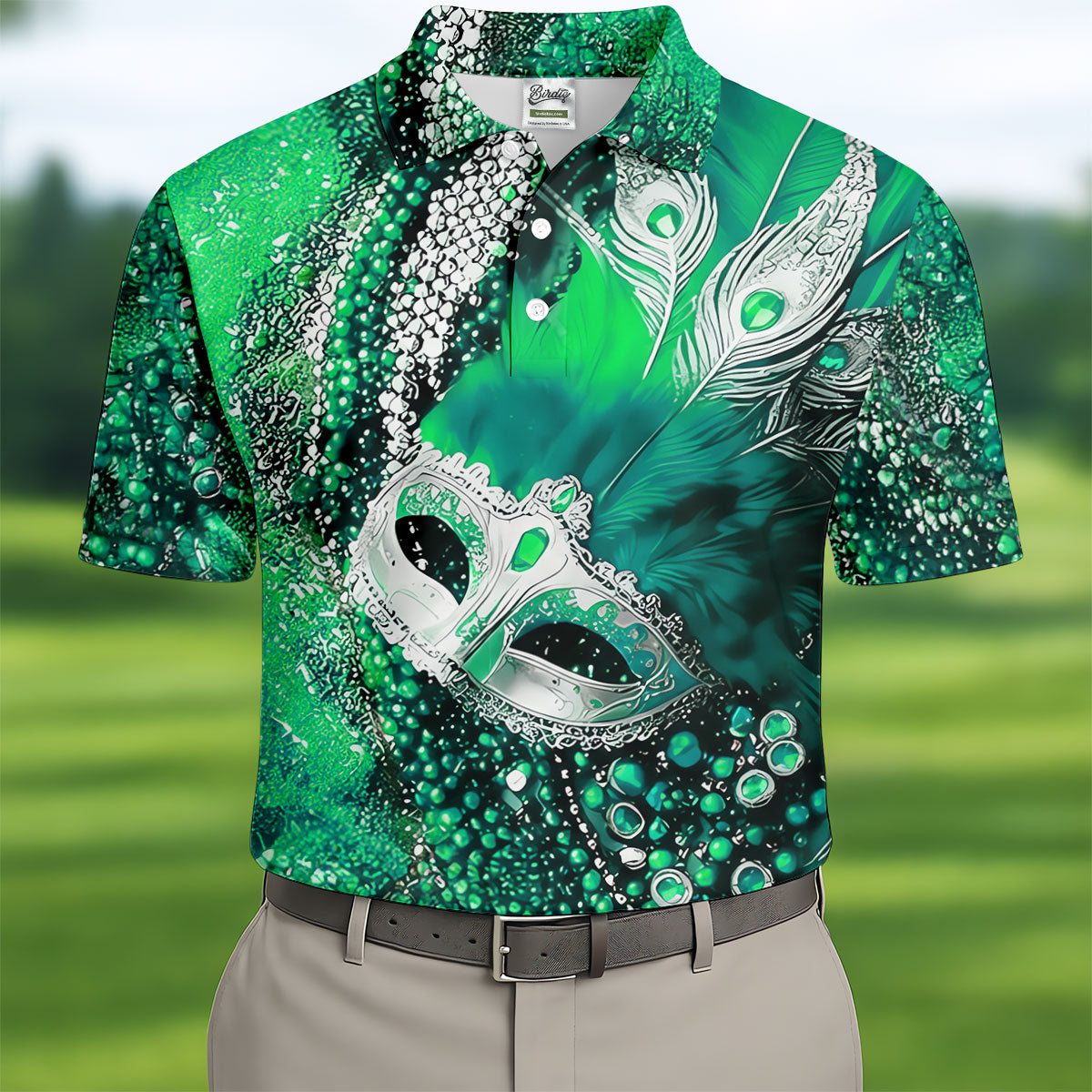 Mardi Gras Masquerade Mask Feather Beads Green Golf Shirt, Polo Shirts For Men, Golf Shirts For Men