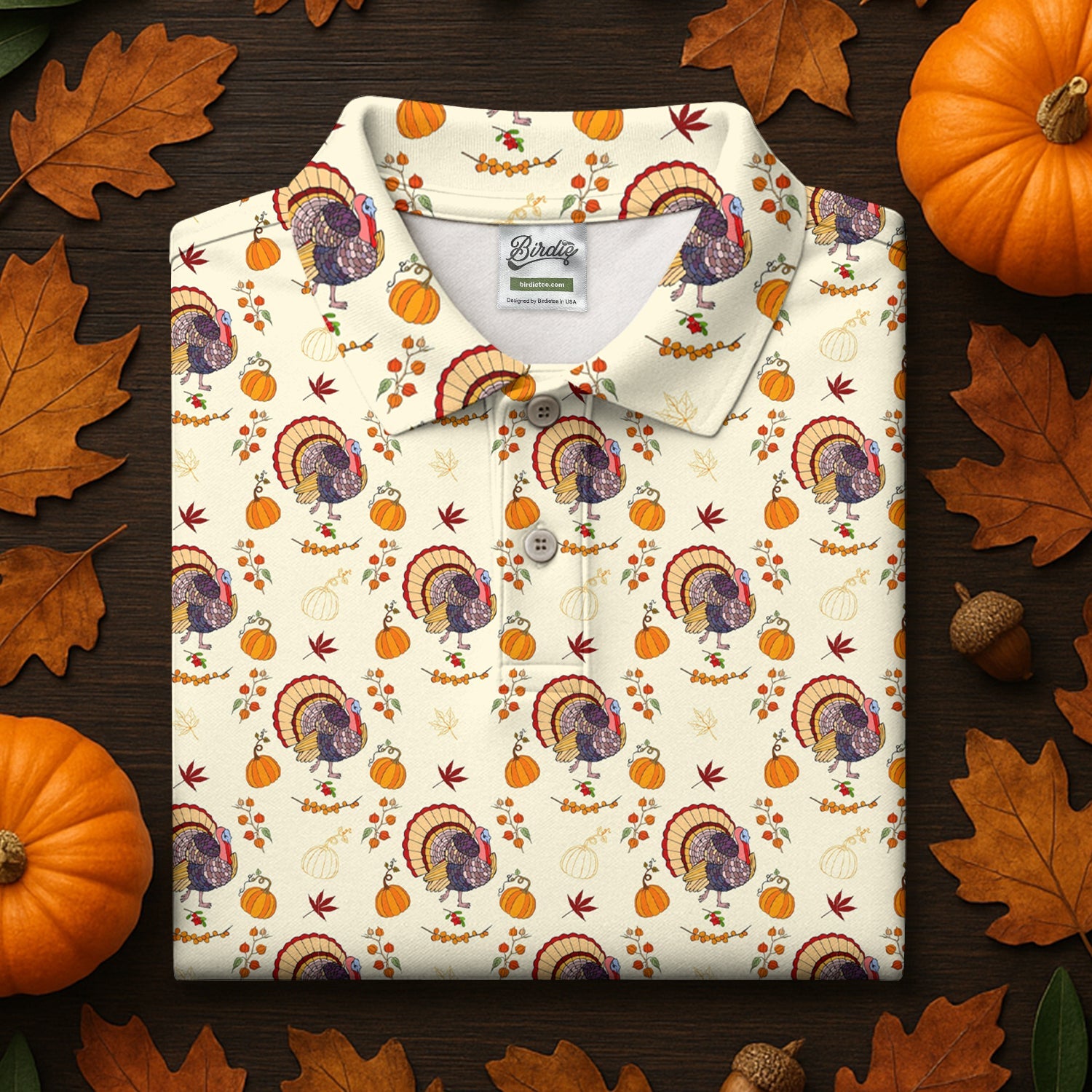 Turkey Pumpkin Thanksgiving Holiday Beige Golf Tops For Men, Polo Shirts For Men, Golf Gift For Men, Golfing Apparel