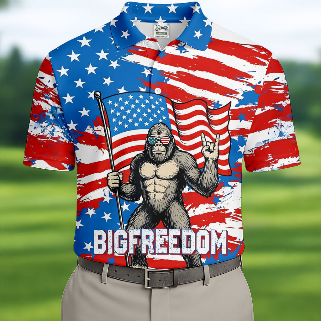 Bigfreedom Red White Blue Patriotic Bigfoot 4th Of July Golf Shirt, 250 Years Golf Shirts For Men