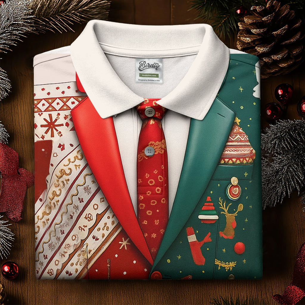 Red And Green Xmas Vintage Prints Men's Golf Polo Shirts, Christmas Golf Shirt, Golf Gift For Men