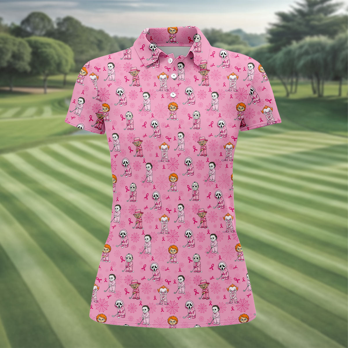 Pink Halloween Horror Breast Cancer Polo Shirt, Women's Golf Polo, Golf Tops For Women